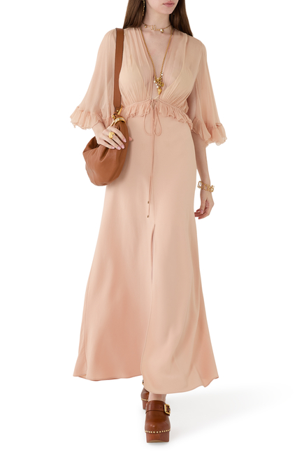 V-Neck Long Dress in Crêpe Satin