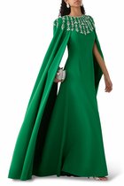 Embellished Cape-Sleeve Gown