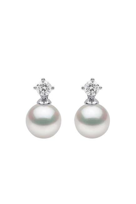 Classic Earrings, 18k White Gold, Diamond & 7mm Pearl