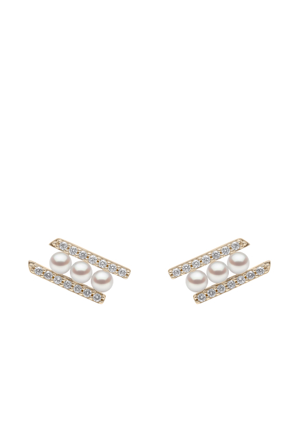 Sleek Bar Stud Earrings, 18k Yellow Gold with Akoya Pearls & Diamonds