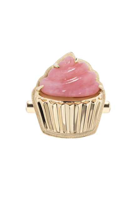 Cupcake Brushed Ring, 18K Yellow Gold & Pink Opal