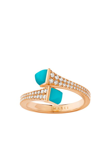 Cleo Slim Ring, 18k Pink Gold with Turquoise Stones & Diamonds