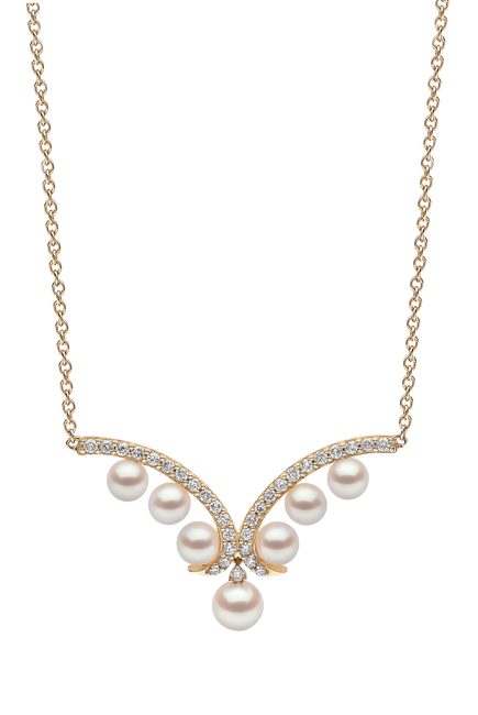 Sleek Pendant Necklace, 18k Yellow Gold, Diamonds & Akoya Pearl