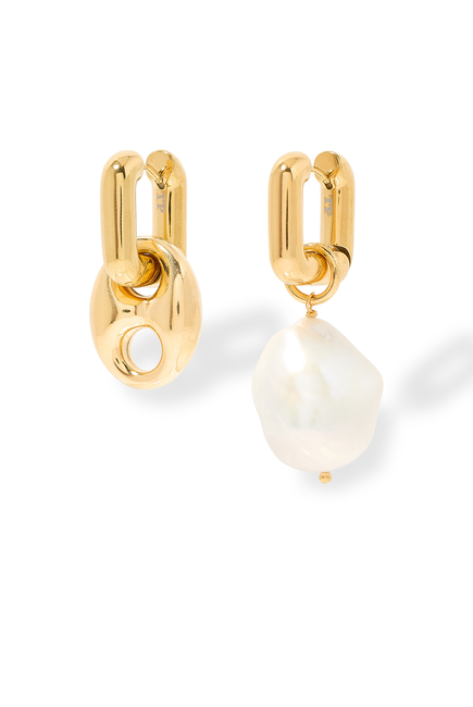 Pearl and Coffee Bean Hoop Earrings, 24K Yellow Gold & Pearl