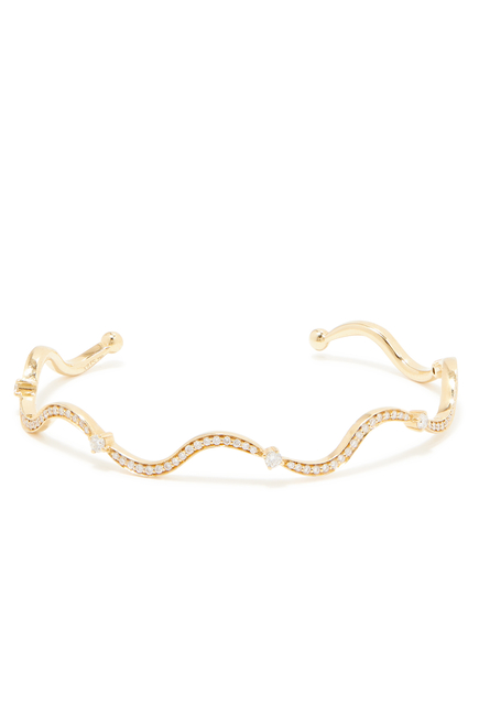 Wave Bangle, 18k Yellow Gold with Diamonds