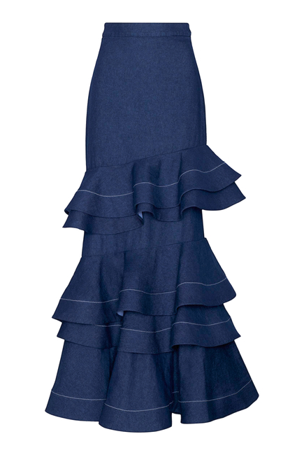 Mi Memoria Ruffled Denim Maxi Skirt