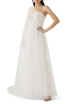 Asymmetrical Tulle Draped Gown with Side Train