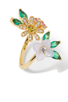 Bursting Blooms Wrap Ring, Brass & Cubic Zirconia, Czech Glass Stone, Resin