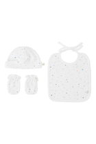 Star & Crown Print Hat, Bib & Mittens Set