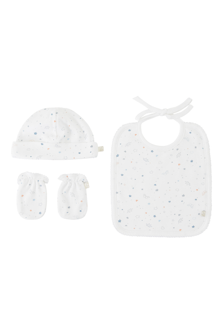 Star & Crown Print Hat, Bib & Mittens Set