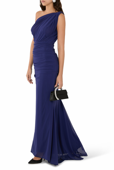 One-Shoulder Gathered Stretch-Mesh Maxi Dress