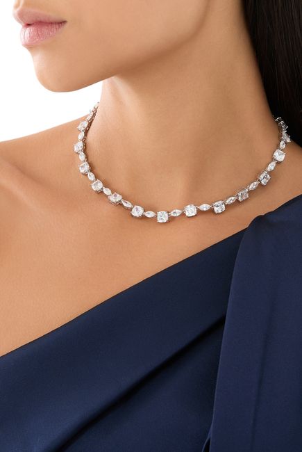 Cushion and Marquis Tennis Necklace,  Rhodium-Plated Brass & Cubic Zirconia