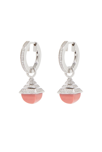Cleo Mini Rev Drop Earrings, 18k White Gold with Pink Coral & Diamonds
