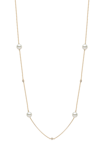 Classic Necklace, 18K Yellow Gold, Diamond & Pearl