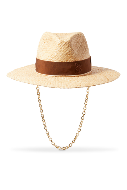 Monogram-Embellished Chain Strap Straw Fedora Hat