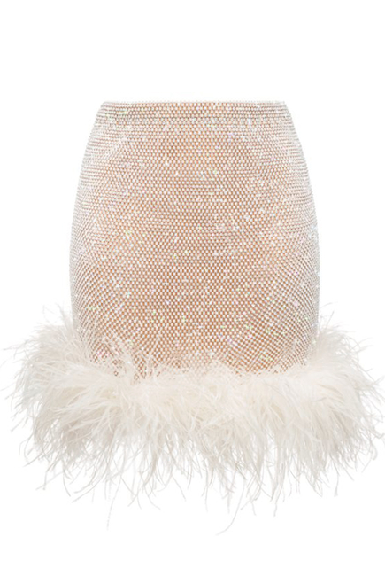 Rhinestone Embellished Feather Trim Skirt