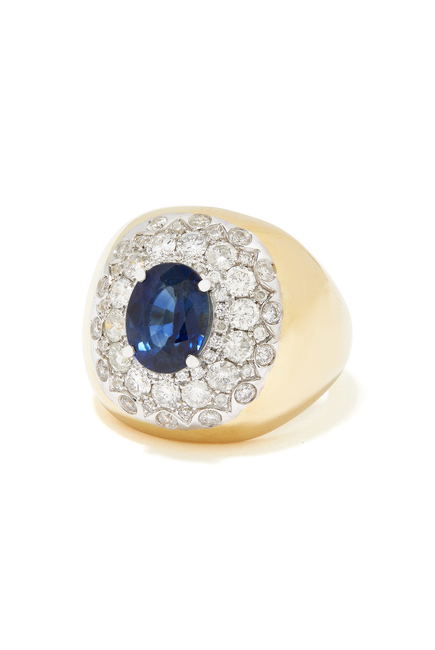 Pompadour Signet Ring, 18k Yellow Gold, Sapphire & Diamonds