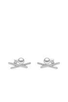 Sleek Cross Earrings, 18k White Gold with Akoya Pearls & Diamonds