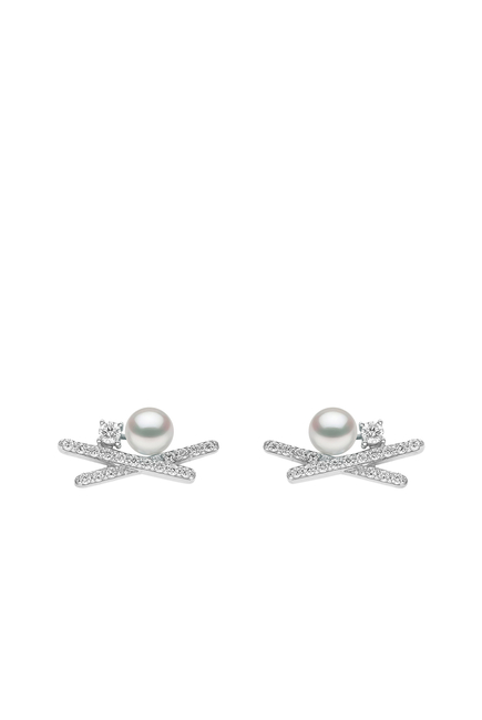 Sleek Cross Earrings, 18k White Gold with Akoya Pearls & Diamonds