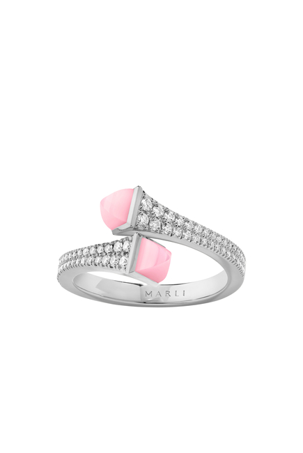 Cleo Slim Ring, 18k White Gold Pink Quartz & Diamonds