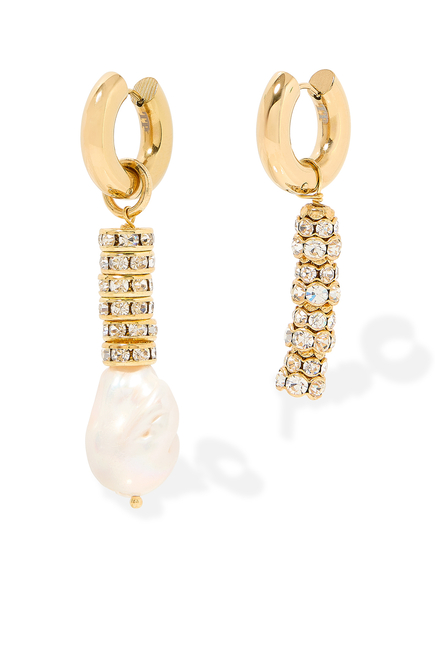 Pearl and Strass Hoop Earrings, 24k Yellow Gold, Pearl & Strass