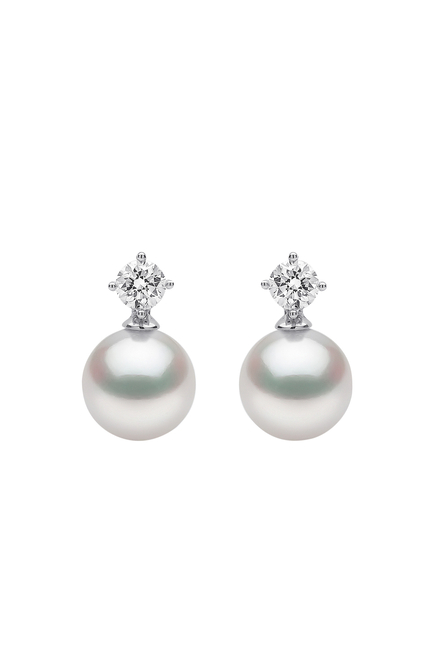 Classic Earrings, 18k White Gold, Diamond & 9mm Pearl