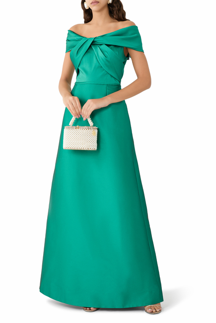 Mikado Stretch Off The Shoulder Twist Gown