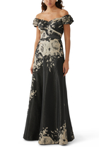 Formal Metallic Jacquard Floral Evening Gown