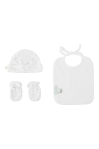 Star & Crown Print Hat, Bib & Mittens Set