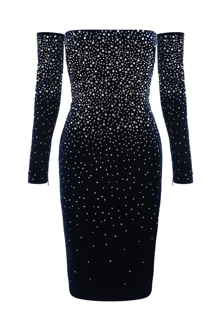 Long Sleeve Off Shoulder Dress in Crystal Velvet