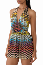 Zigzag Short Jumpsuit in Viscose Blend Lamé with V-Neck
