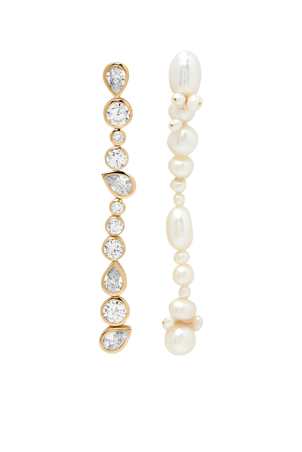 Glitch Earrings, : Recycled Sterling Silver Plated in 18k Yellow Gold Vermeil with Freshwater Pearl & Zirconia