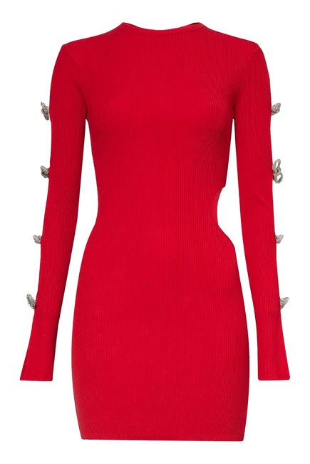 Cut-Out Crystal Bow Sleeves Mini Dress