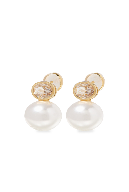 Bezel Pearl Drop Earrings, 14k Vermeil on Sterling Silver & Freshwater Pearl