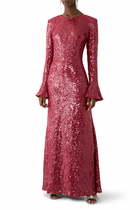 Sequin Flare Sleeve Boatneck Gown
