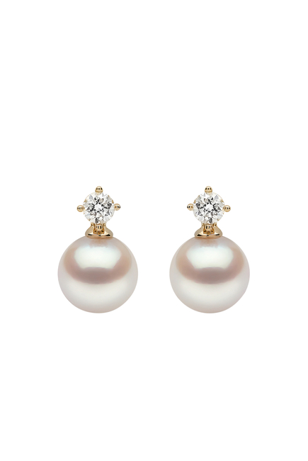 Classic Earrings, 18k Yellow Gold, Diamond & 8mm Pearl