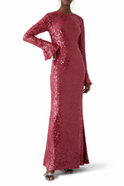 Sequin Flare Sleeve Boatneck Gown