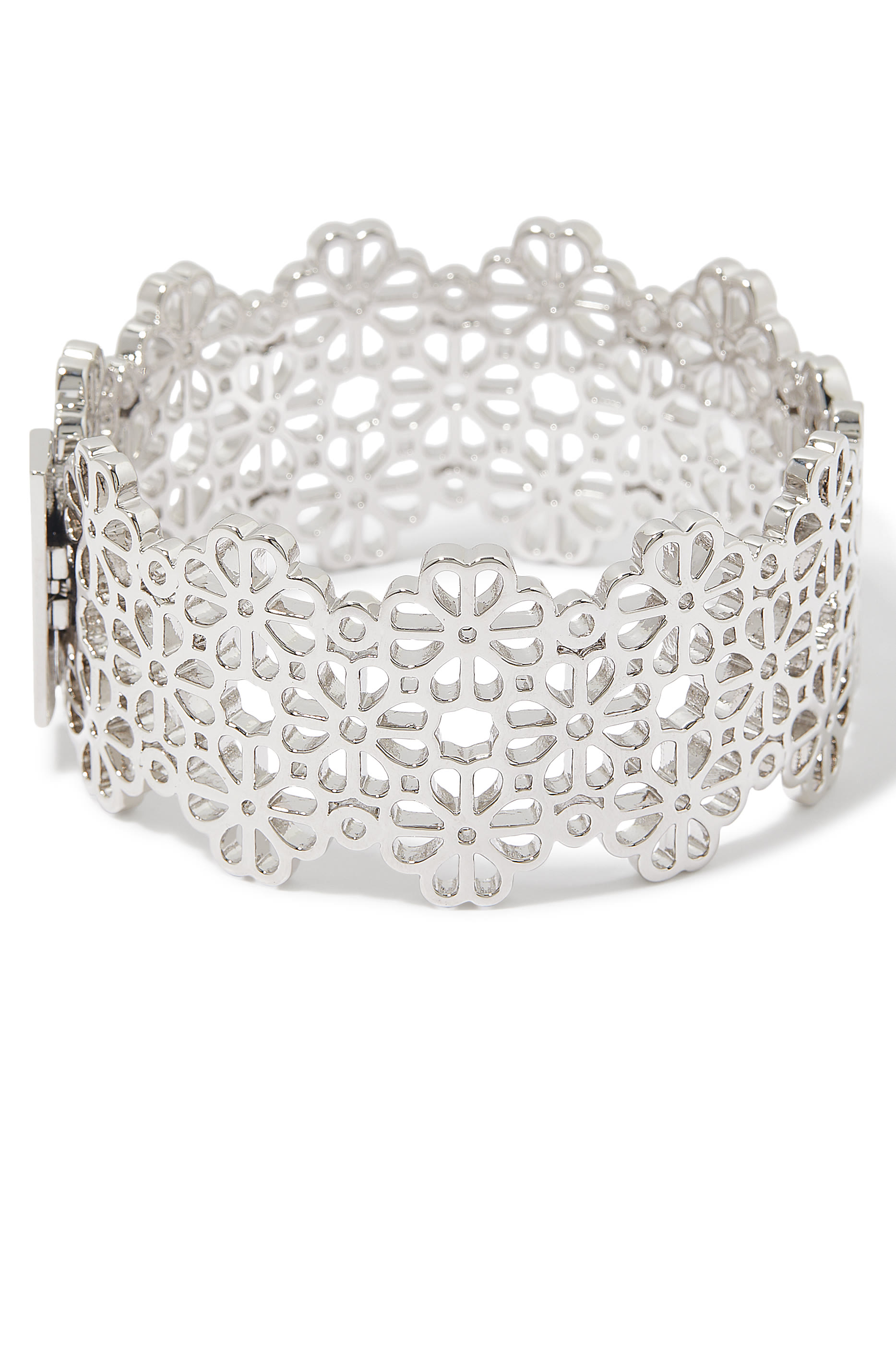 Spade Flower Lace Statement Bangle, Plated Metal, Steel & Cubic Zirconia