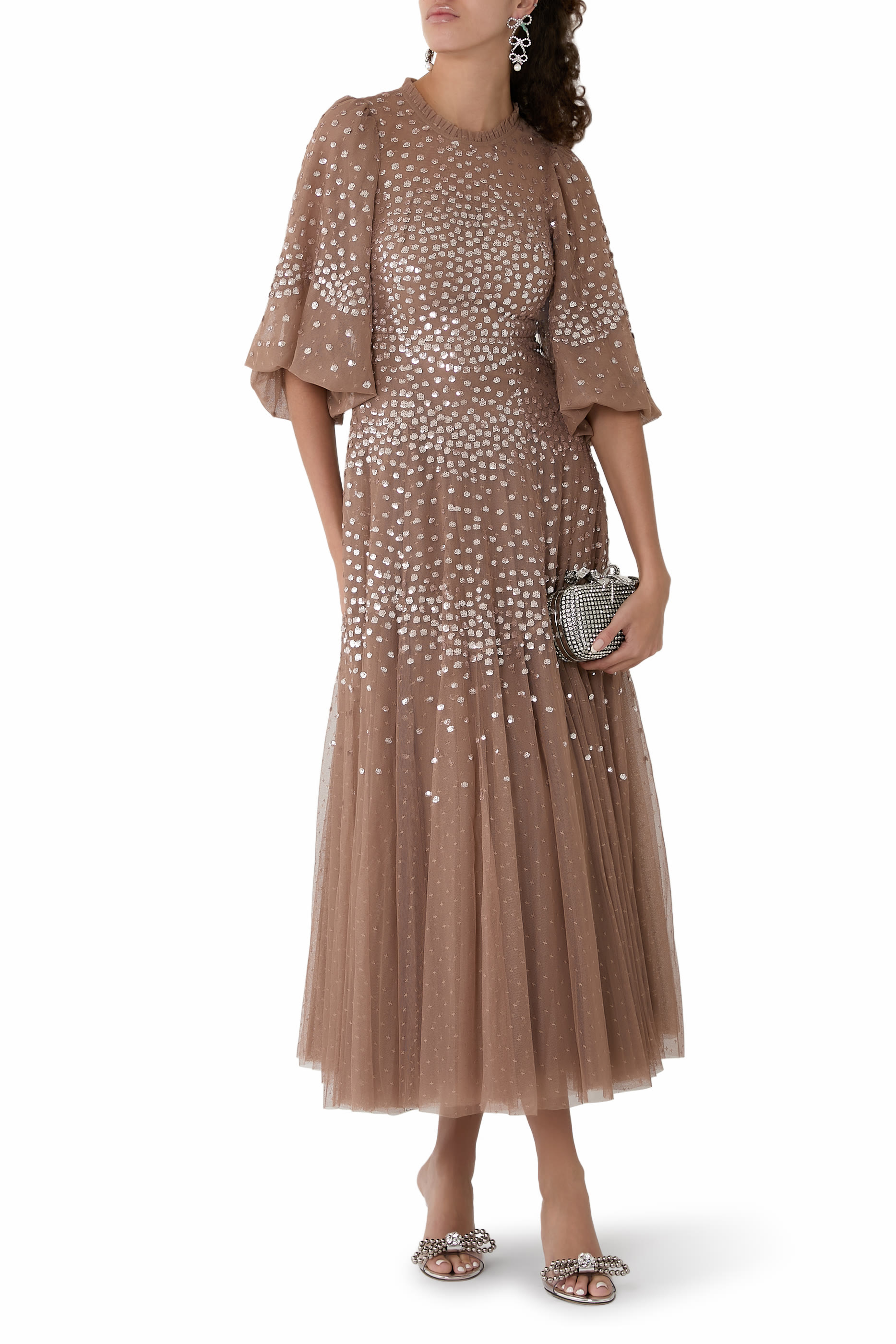 Scallop Sequin Round Neck Ankle Gown