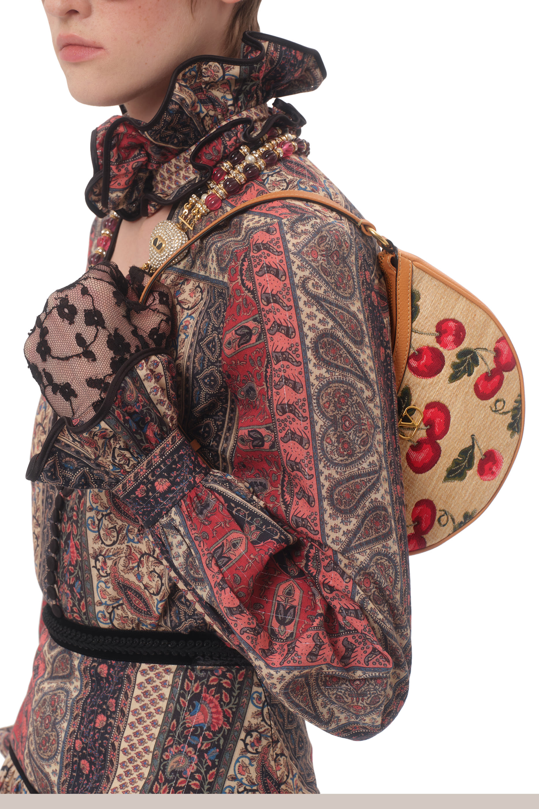 VLogo Signature Mini Hobo Bag in Jacquard Raffia with Cherryfic Pattern