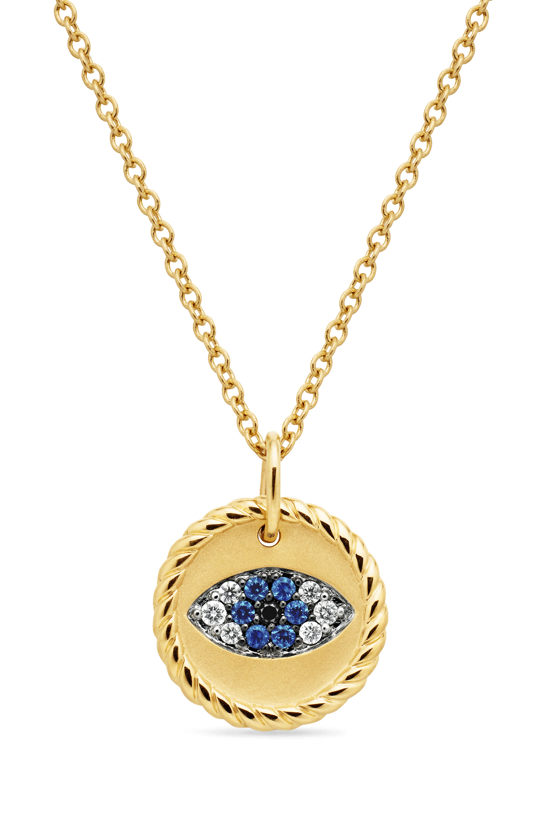 Cable Collectibles&reg; Evil Eye Necklace, 18K Yellow Gold, Blue Sapphires, Diamonds, & Black Diamonds