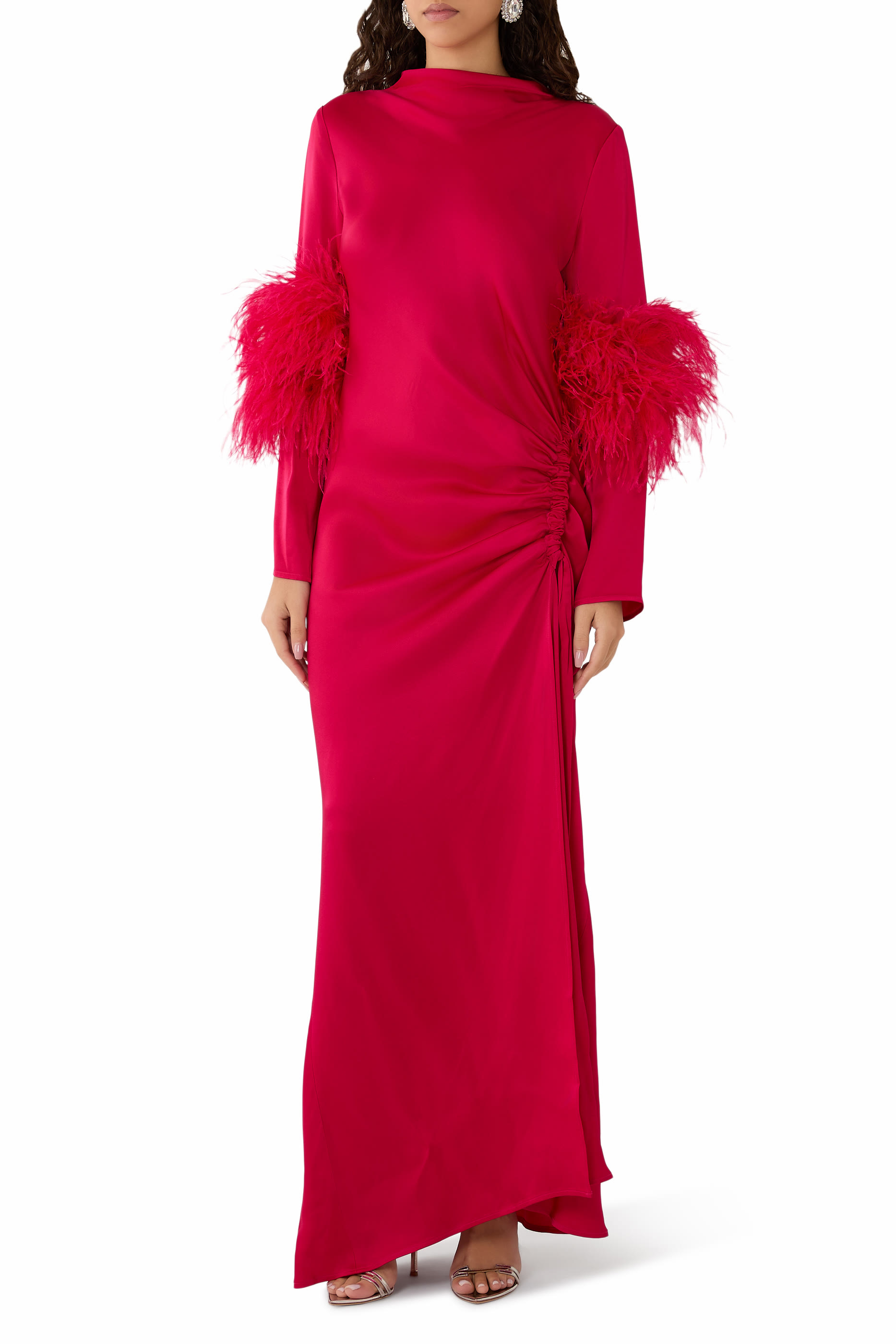  Satin Tab Gown with Feathers