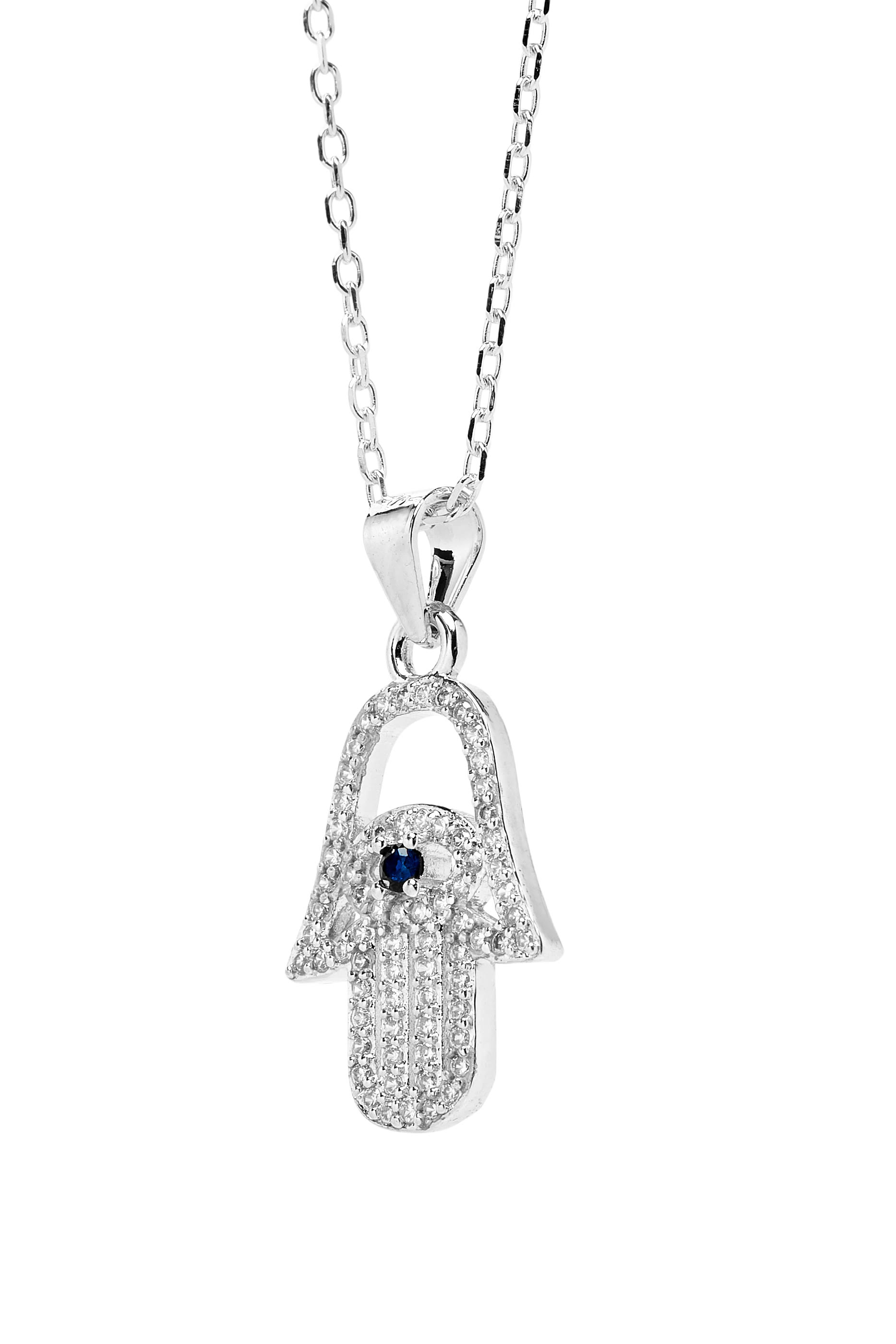  Studded Hamsa Necklace, Sterling Silver & Round cut 5A Cubic Zirconia