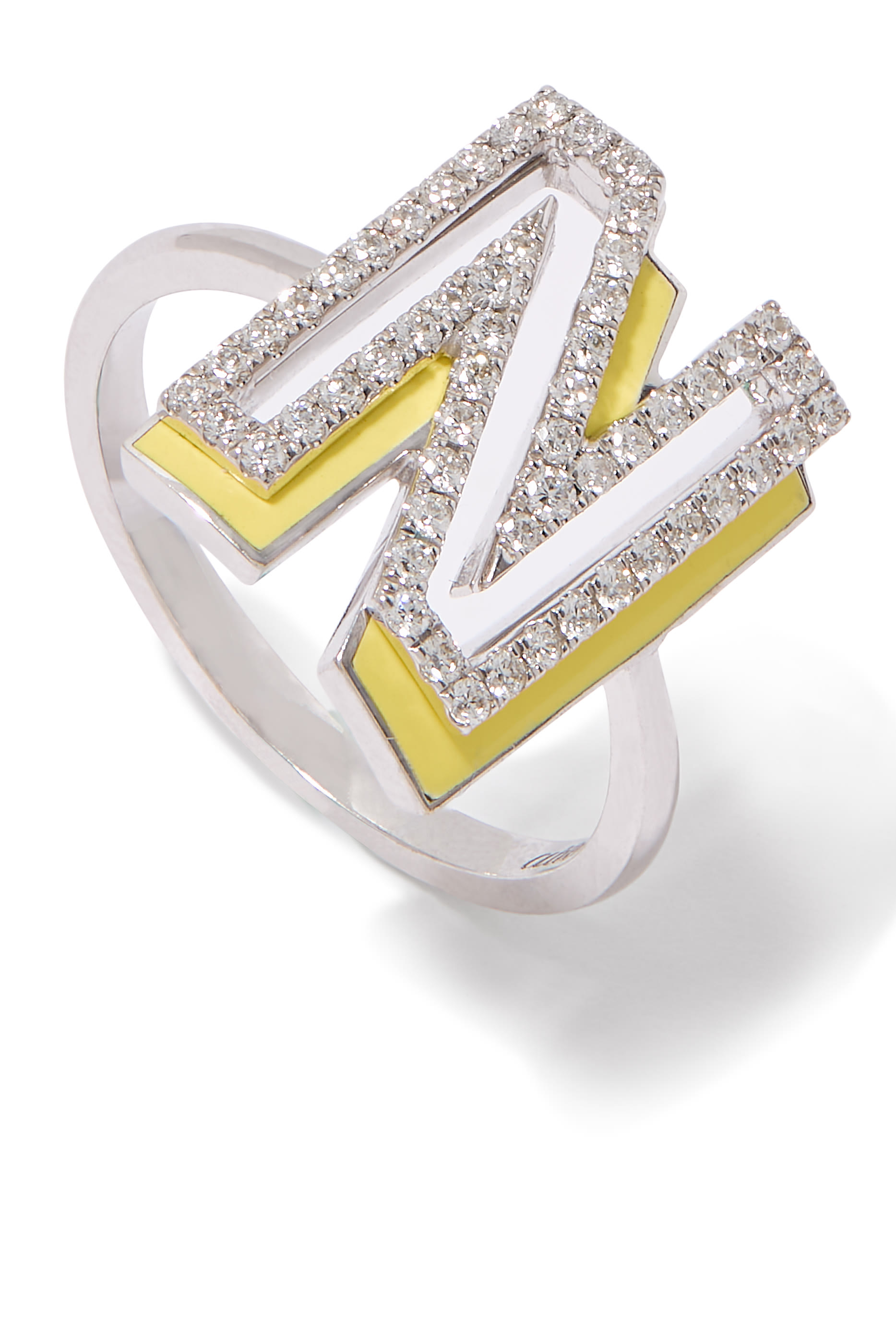 Letter N Cocktail Ring, 18k White Gold & Enamel, Diamonds