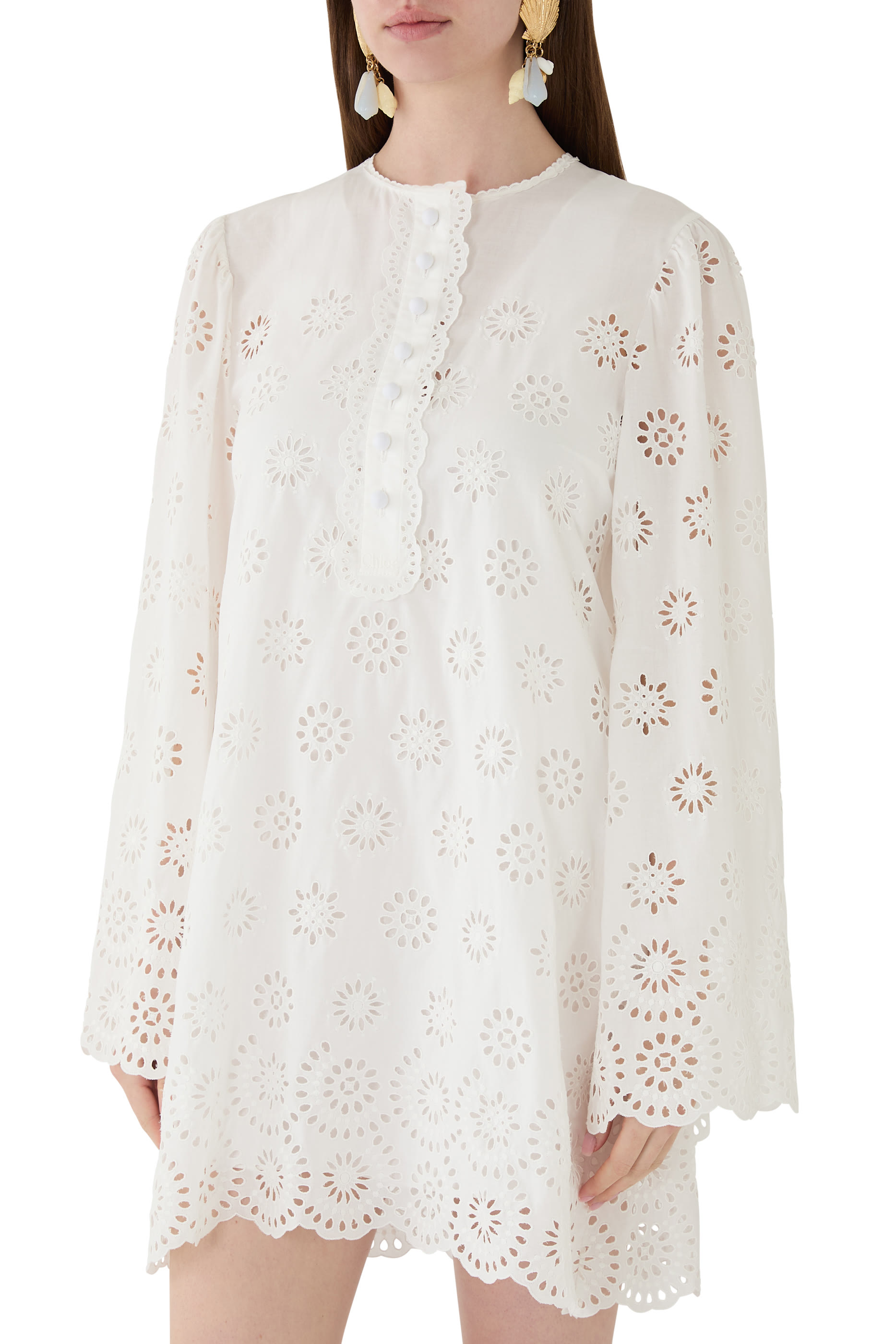 	 Long-Sleeve Mini Dress in Cotton Voile