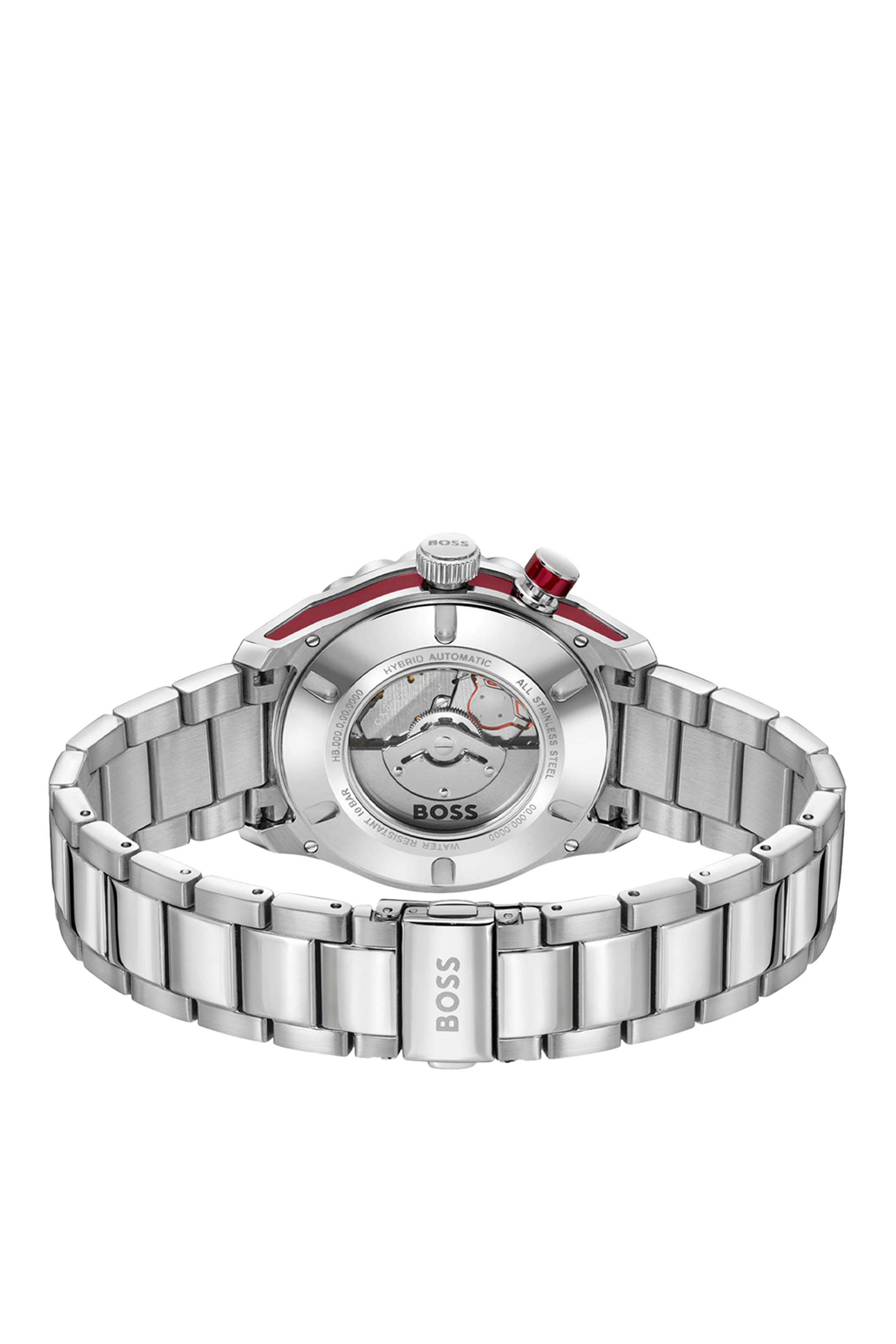 Silver-tone Automatic Watch with Red Monogram-Textured Dial