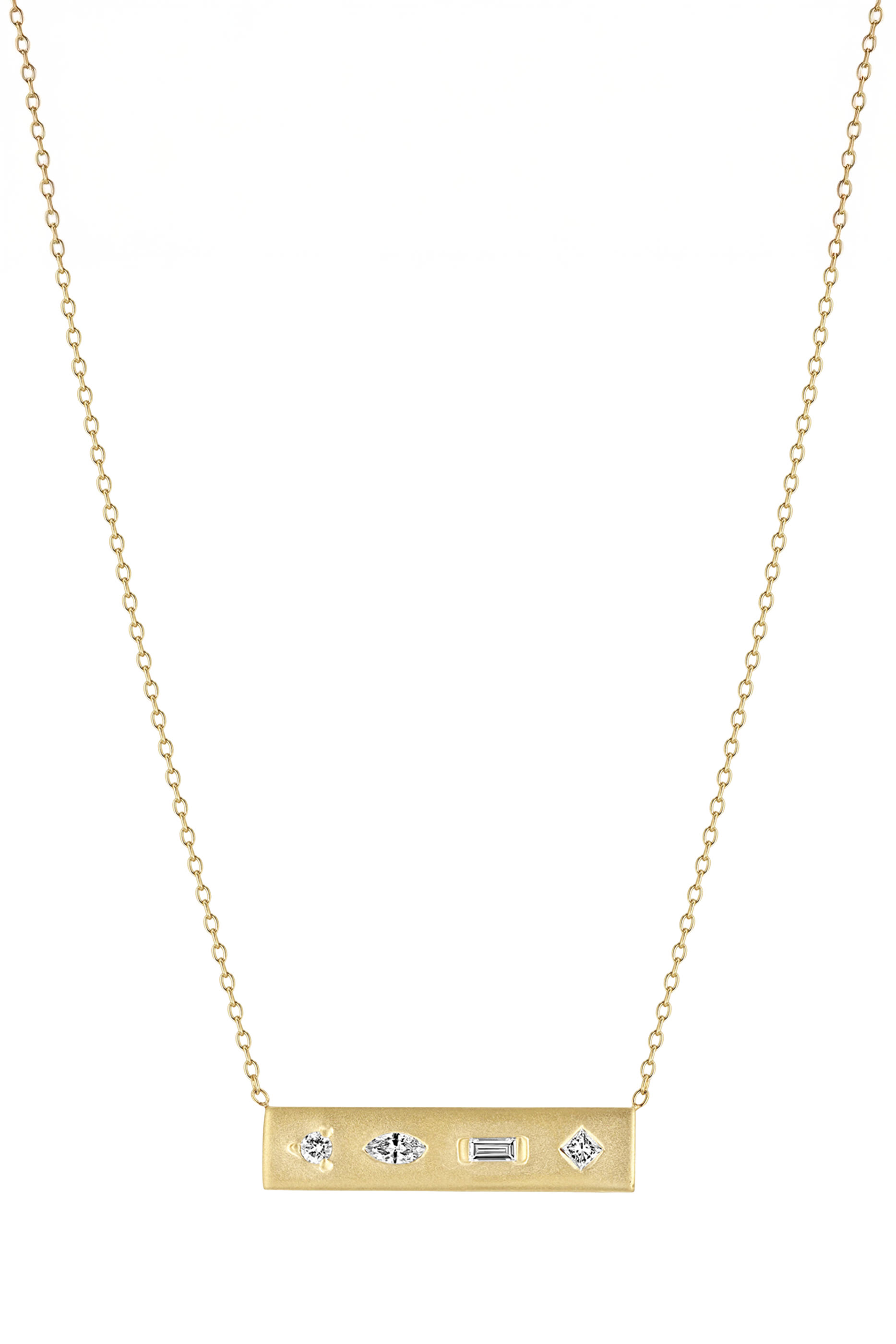 Mosaic Brushed Gold Horizontal Bar Necklace, 14K Yellow Gold & Diamonds