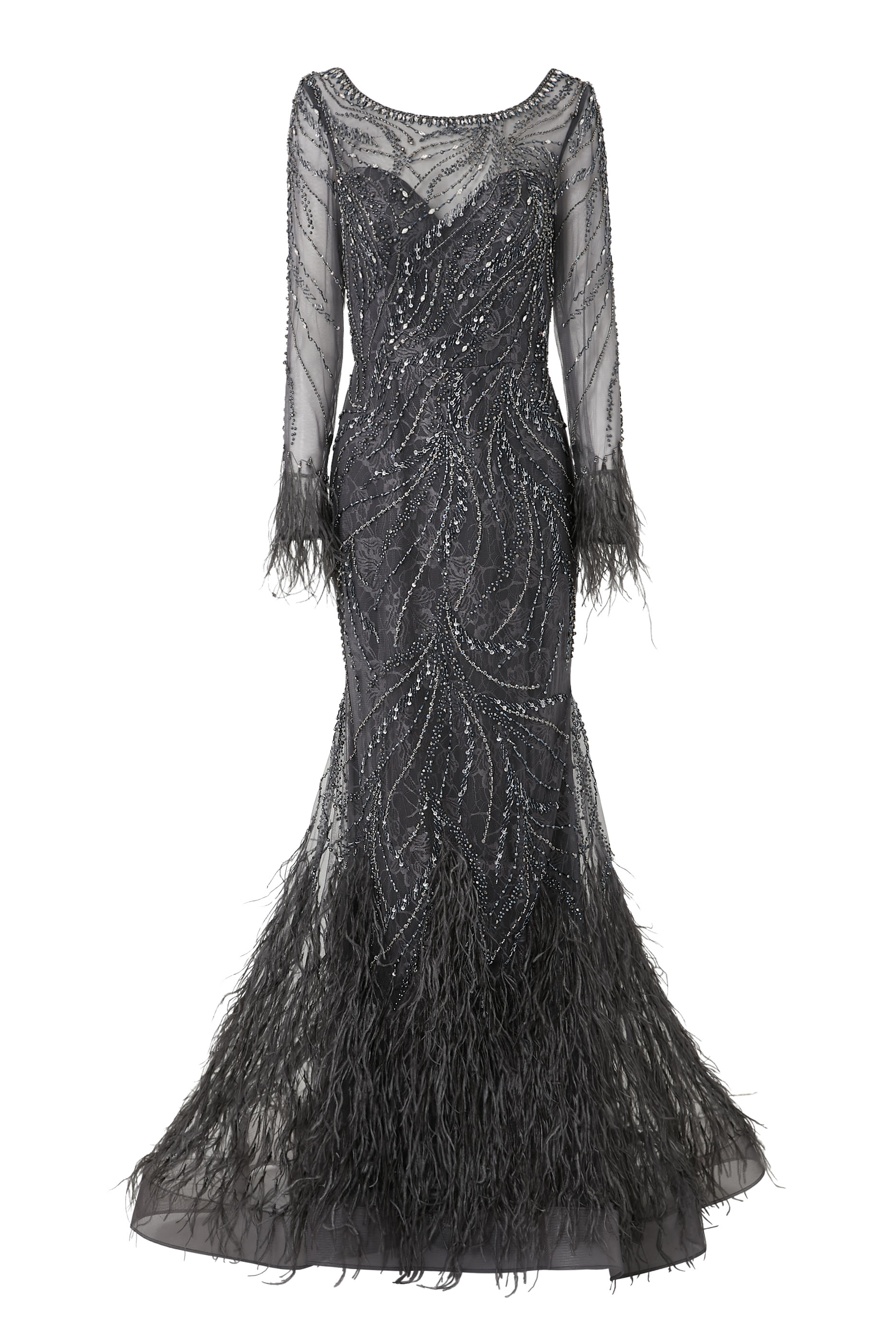 Embellished Long Sleeves Gown with Feathered Accents