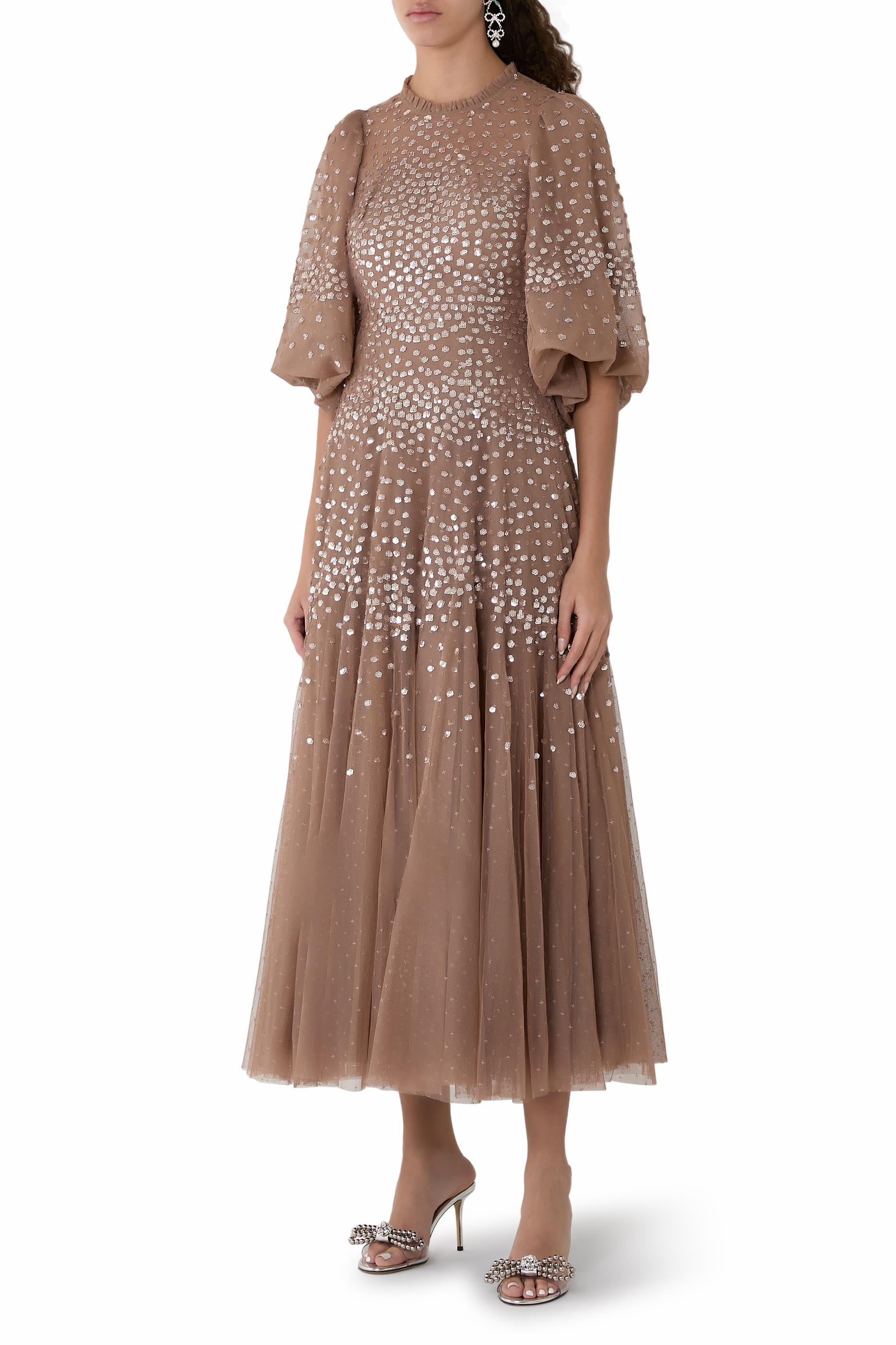 Scallop Sequin Round Neck Ankle Gown