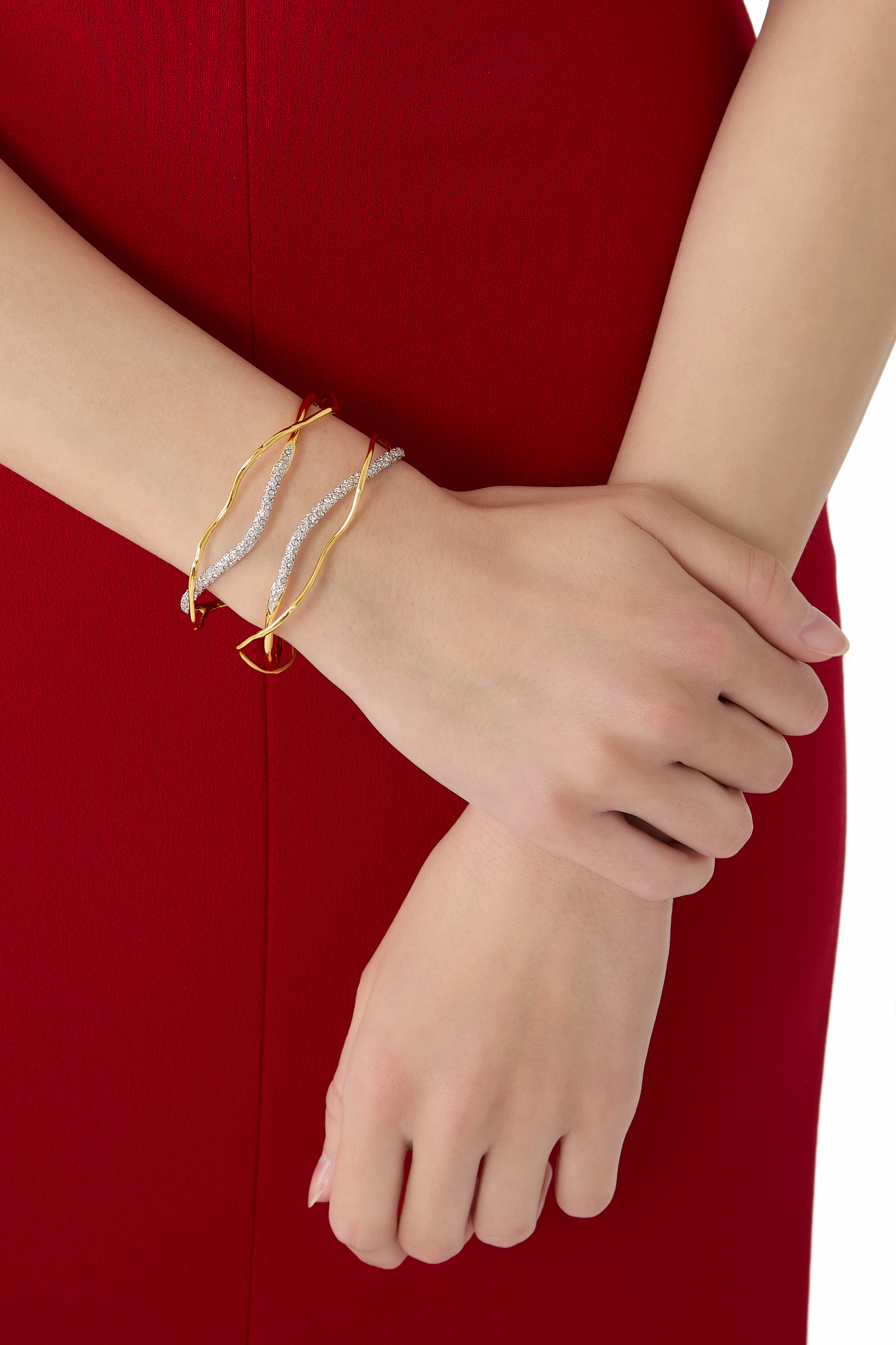 Solanales Crystal Cuff Bracelet, 14k Gold Plated Brass with Rhodium Tone Plated Brass & Crystal